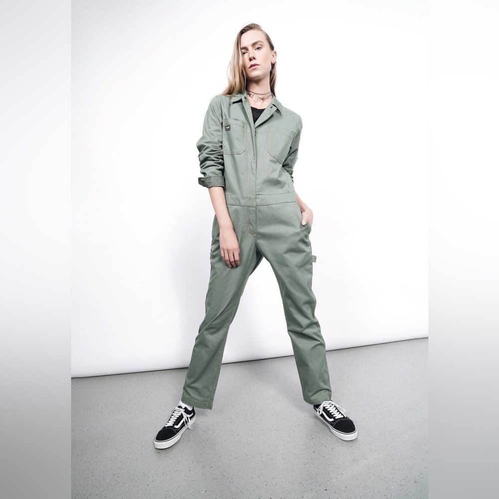 Wildfang Essential Long Sleeve coverall XL Olive Khaki Yellow Stitches $188